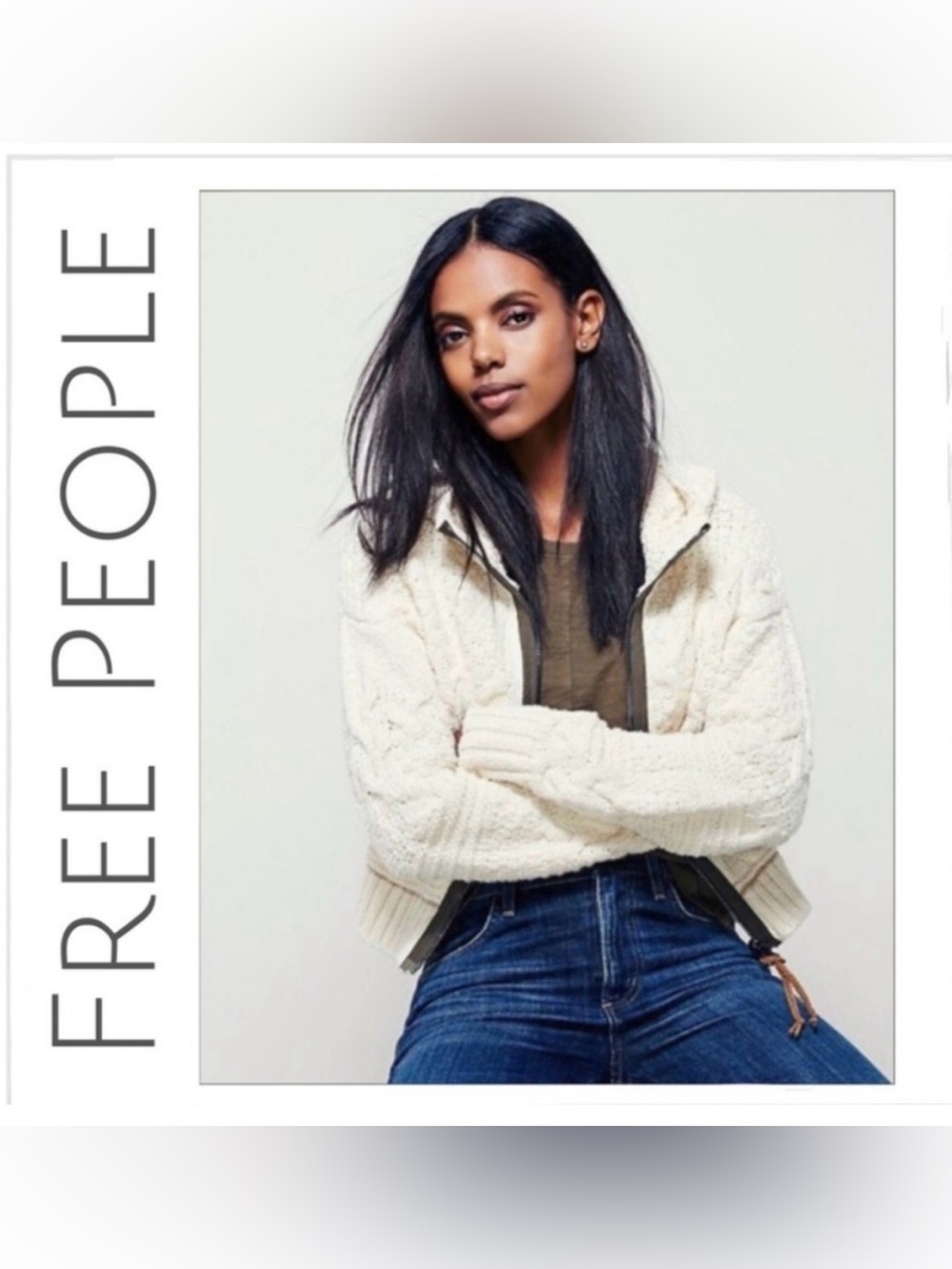 Rare🌺 Free People Cream Hooded Cable-Knit Cropped Cardigan